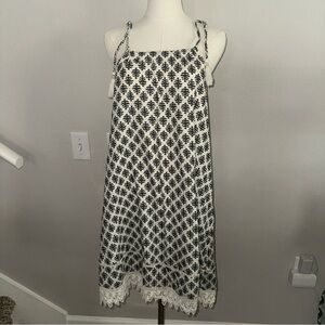 Cotton Black and White Patterned Dress with Lace Trim & Tassel